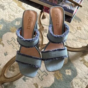 SCHUTZ AMELY MID BLOCK DENIM SANDAL Sz 7